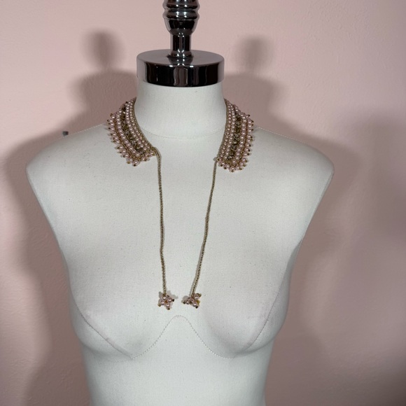 Vintage 1940’s Art deco Pink glass pearl Gold crochet Peter Pan collar with ties - Picture 15 of 17